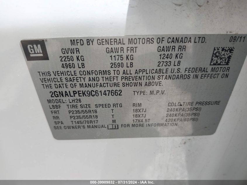 2012 Chevrolet Equinox 2Lt VIN: 2GNALPEK9C6147662 Lot: 39989832