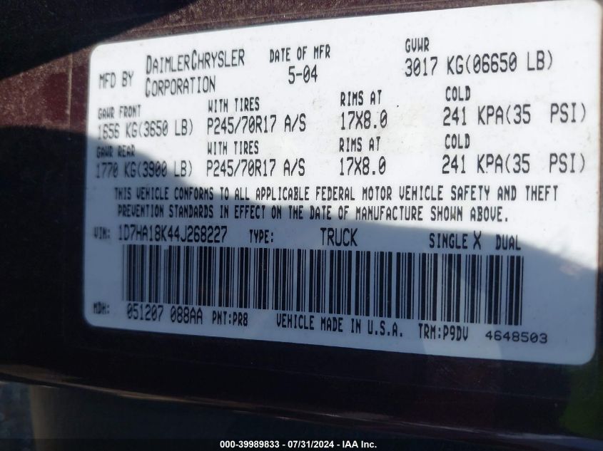 2004 Dodge Ram 1500 St VIN: 1D7HA18K44J268227 Lot: 39989833