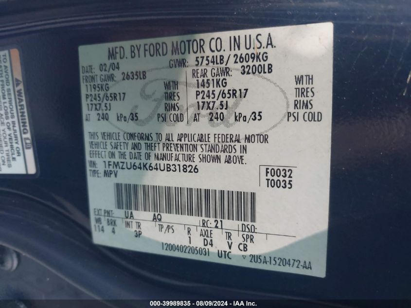 2004 Ford Explorer Eddie Bauer VIN: 1FMZU64K64UB31826 Lot: 39989835