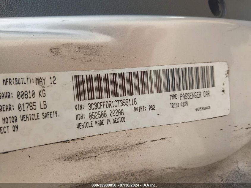 2012 Fiat 500C Pop VIN: 3C3CFFDR1CT355116 Lot: 39989850