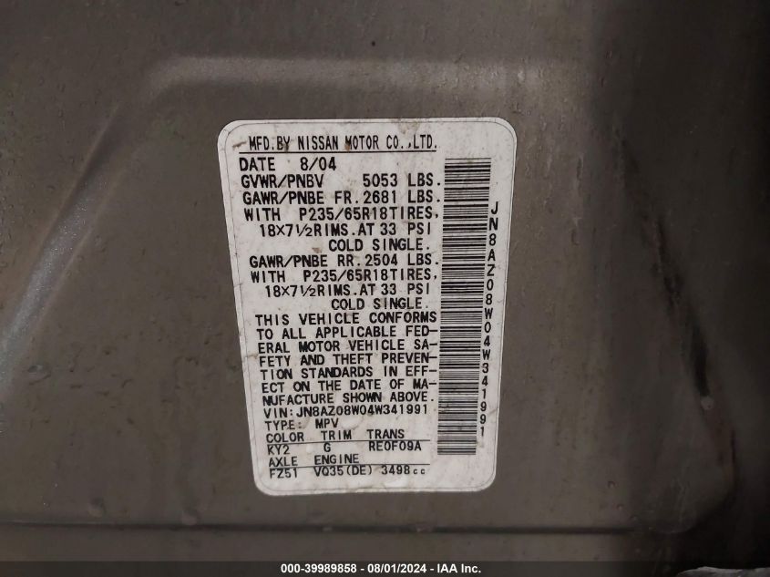 2004 Nissan Murano Sl/Se VIN: JN8AZ08W04W341991 Lot: 39989858