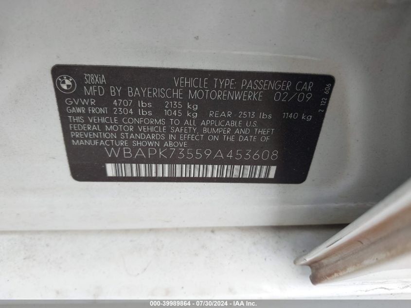 2009 BMW 328I xDrive VIN: WBAPK73559A453608 Lot: 39989864