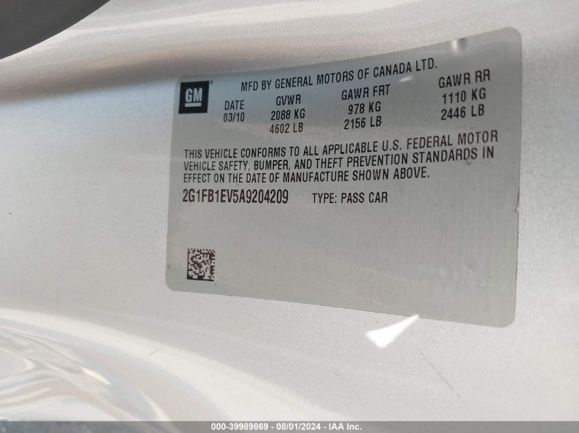 2010 Chevrolet Camaro 1Lt VIN: 2G1FB1EV5A9204209 Lot: 39989869