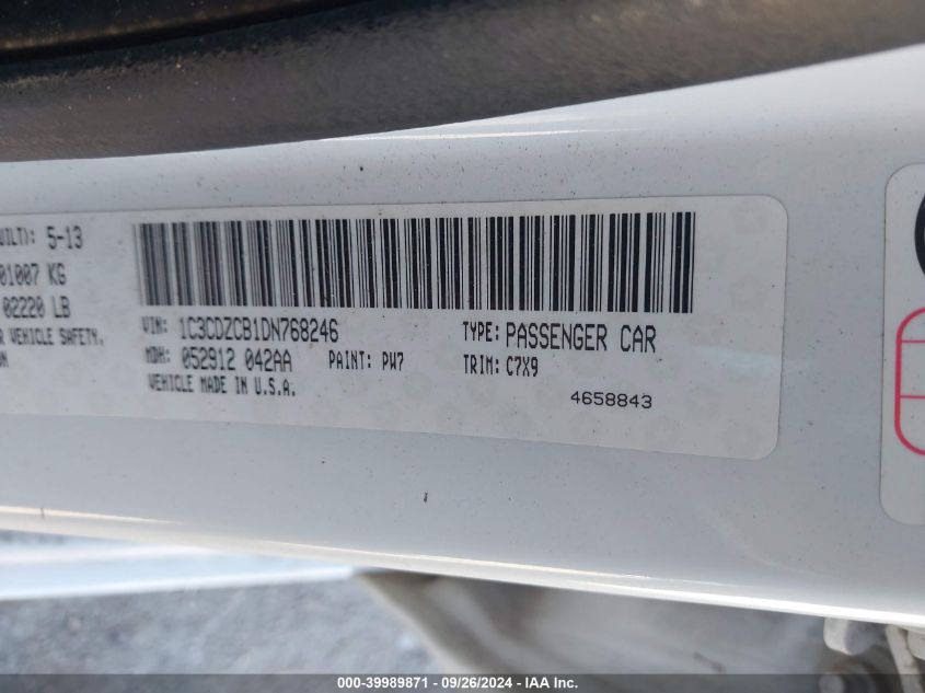 2013 Dodge Avenger Sxt VIN: 1C3CDZCB1DN768246 Lot: 39989871