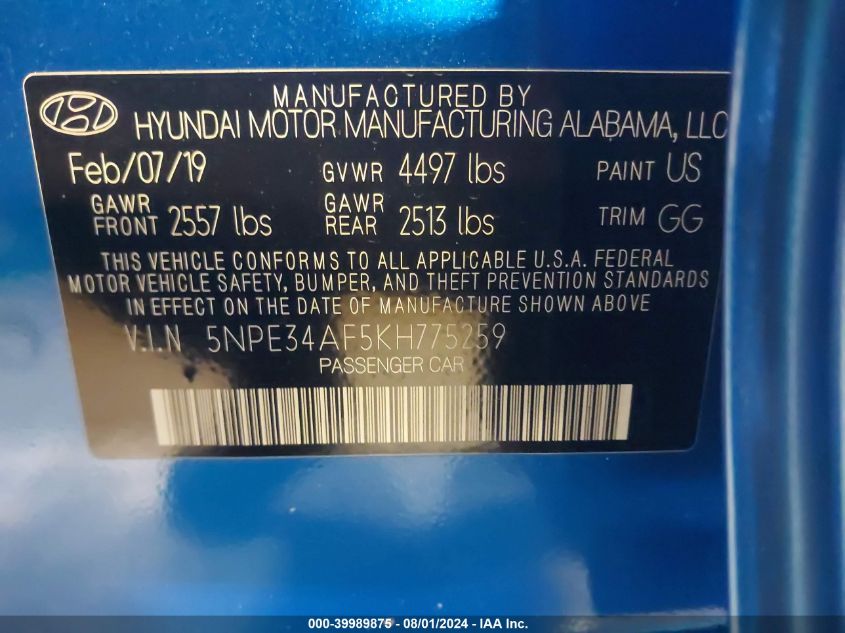 5NPE34AF5KH775259 2019 Hyundai Sonata Sel