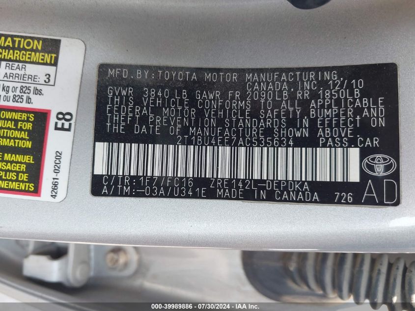 2010 Toyota Corolla S/Le/Xle VIN: 2T1BU4EE7AC535634 Lot: 39989886