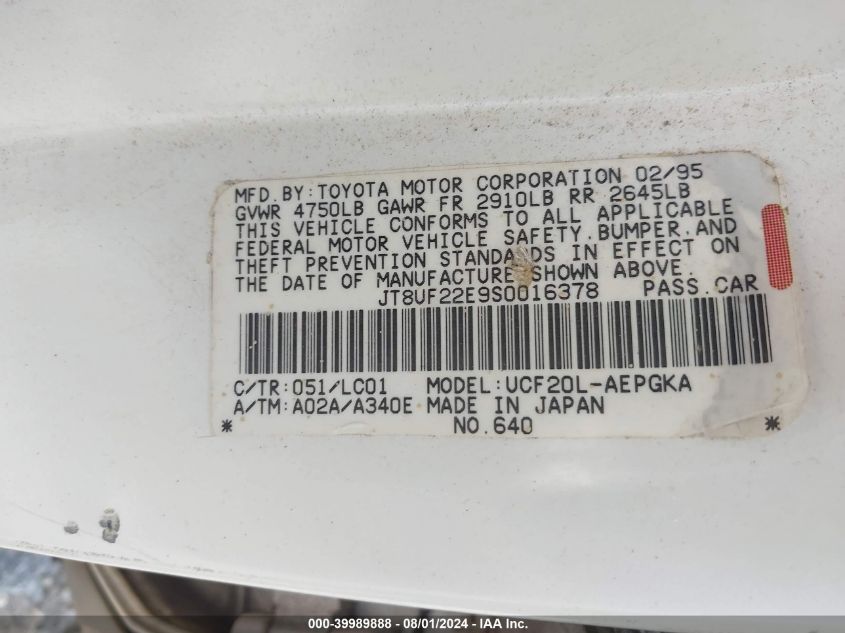 1995 Lexus Ls 400 VIN: JT8UF22E9S0016378 Lot: 39989888