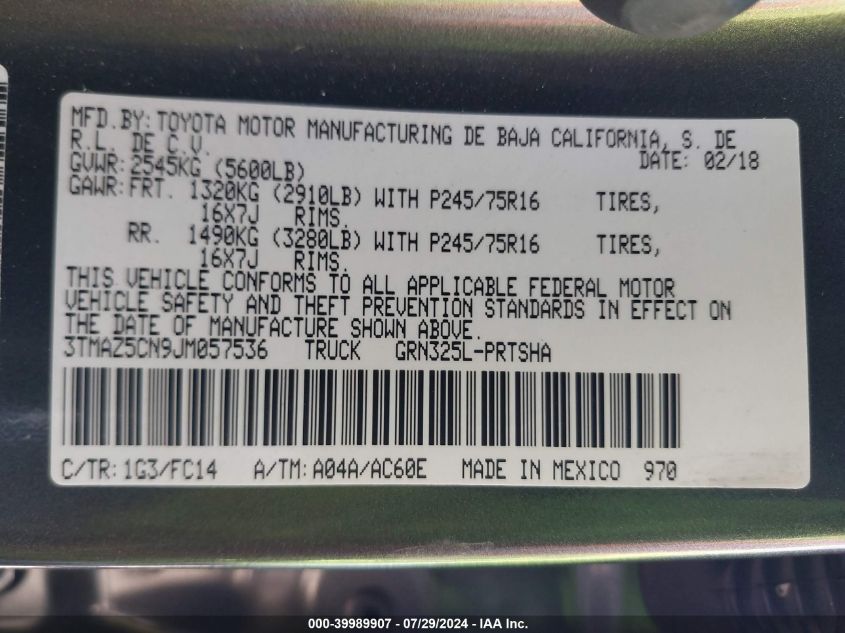 2018 Toyota Tacoma Sr5 V6 VIN: 3TMAZ5CN9JM057536 Lot: 39989907