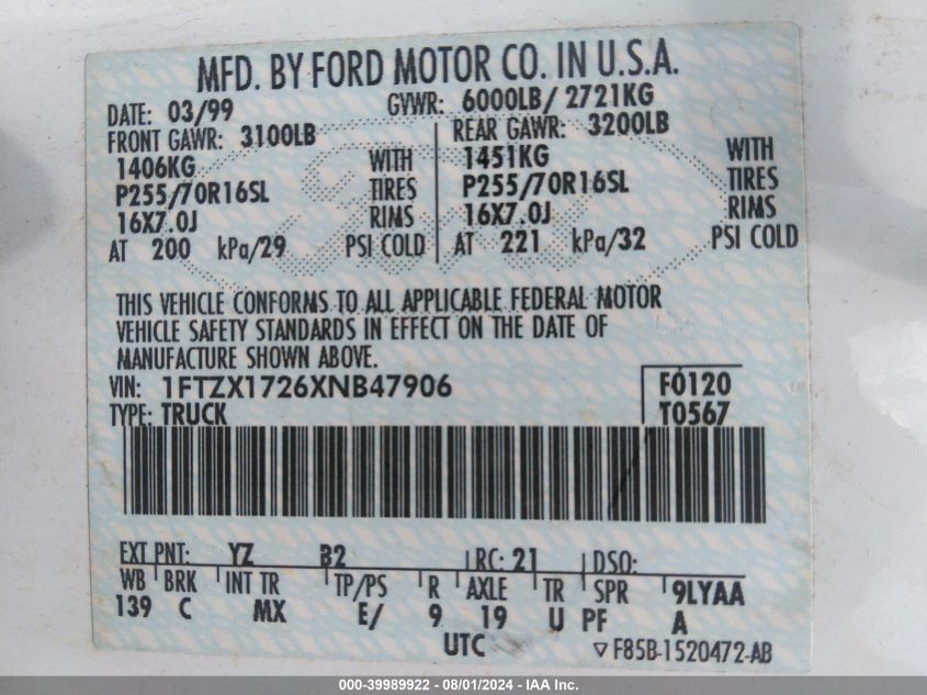 1999 Ford F-150 Work Series/Xl/Xlt VIN: 1FTZX1726XNB47906 Lot: 39989922
