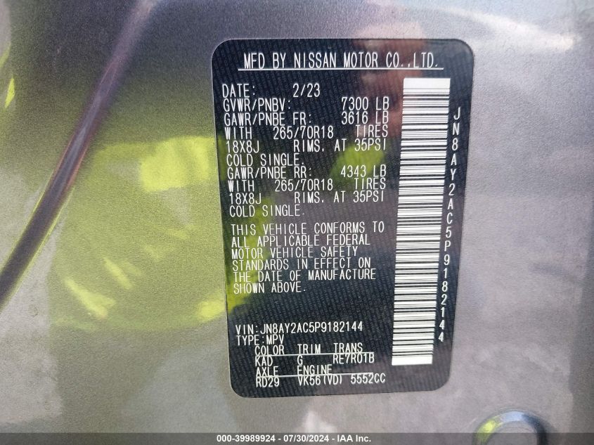 2023 Nissan Armada S/Sv VIN: JN8AY2AC5P9182144 Lot: 39989924