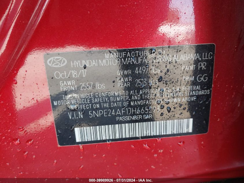 2018 Hyundai Sonata Se VIN: 5NPE24AF1JH665293 Lot: 39989926