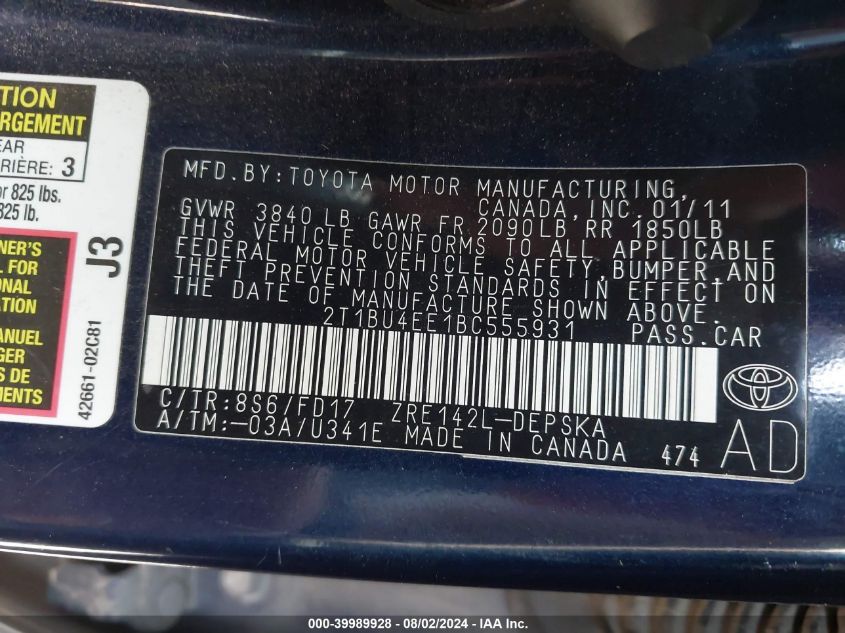 2011 Toyota Corolla S/Le VIN: 2T1BU4EE1BC555931 Lot: 39989928