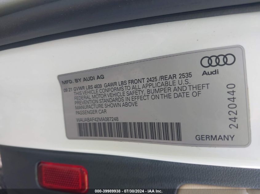 2021 AUDI A4 PREMIUM 40 - WAUABAF42MA087248