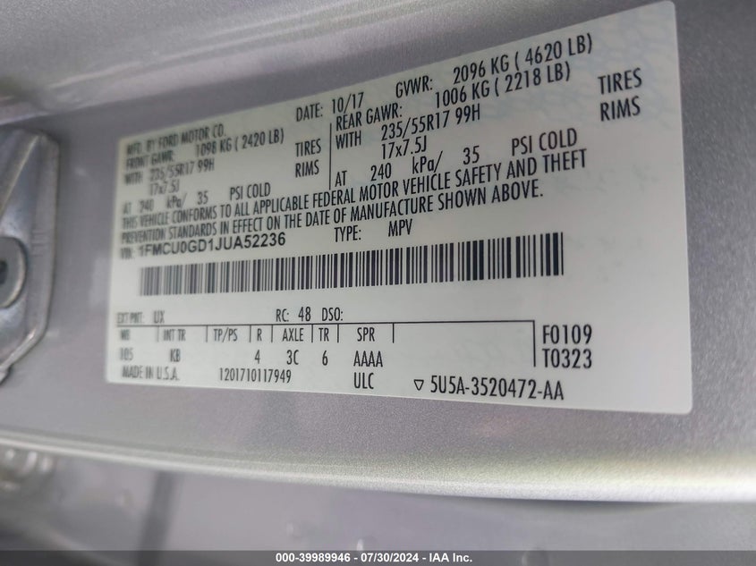 VIN 1FMCU0GD1JUA52236 2018 FORD ESCAPE SE