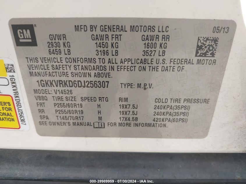 2013 GMC Acadia Slt-1 VIN: 1GKKVRKD6DJ256307 Lot: 39989959