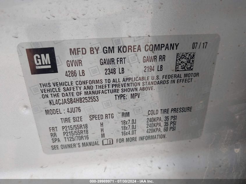 2017 Buick Encore Preferred VIN: KL4CJASB4HB252553 Lot: 39989971