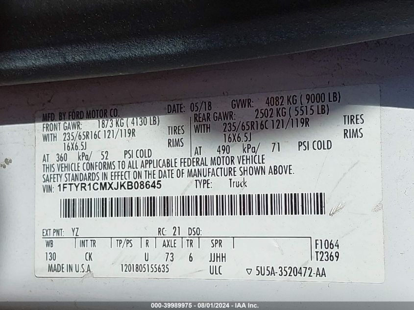 2018 Ford Transit-250 T-250 VIN: 1FTYR1CMXJKB08645 Lot: 39989975