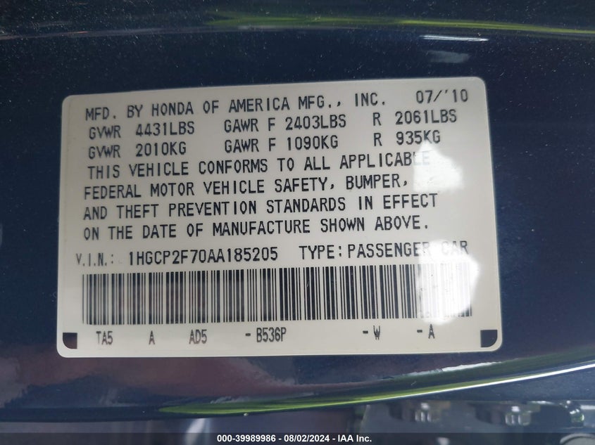 2010 Honda Accord 2.4 Ex VIN: 1HGCP2F70AA185205 Lot: 39989986