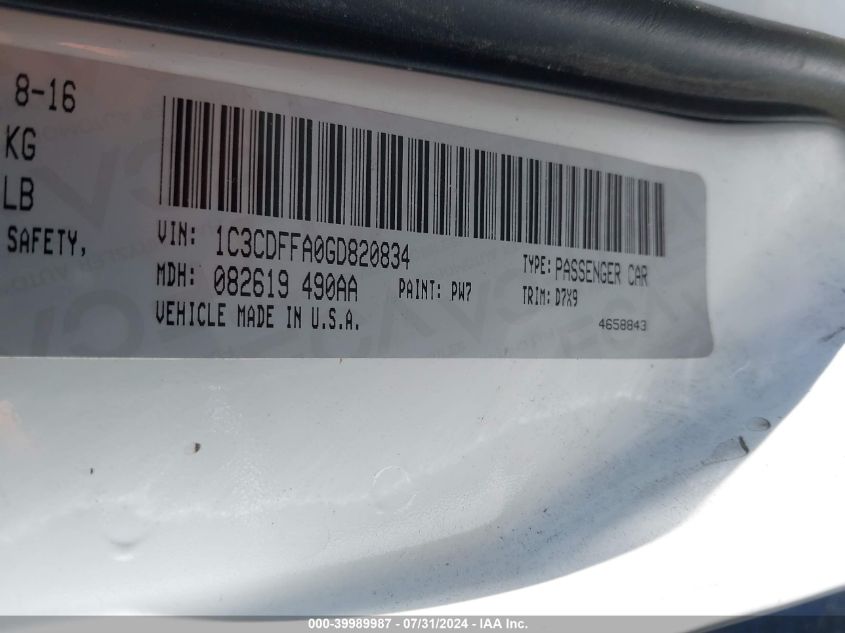 2016 Dodge Dart Sxt Sport VIN: 1C3CDFFA0GD820834 Lot: 39989987