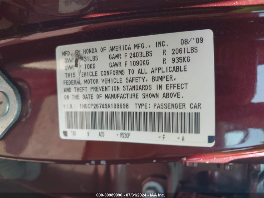 2009 Honda Accord Ex VIN: 1HGCP26749A199698 Lot: 39989990