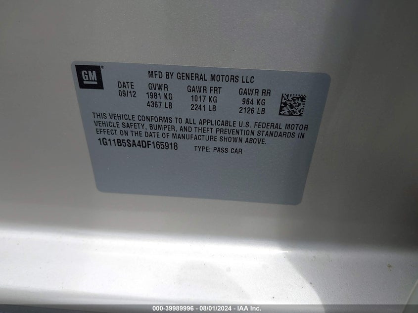2013 Chevrolet Malibu 1Ls VIN: 1G11B5SA4DF165918 Lot: 39989996