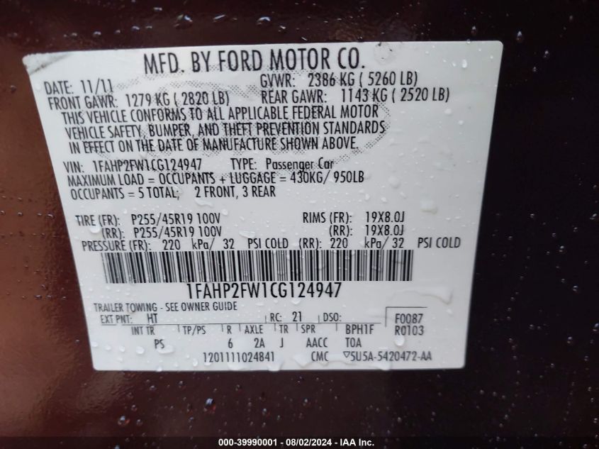 1FAHP2FW1CG124947 2012 Ford Taurus Limited