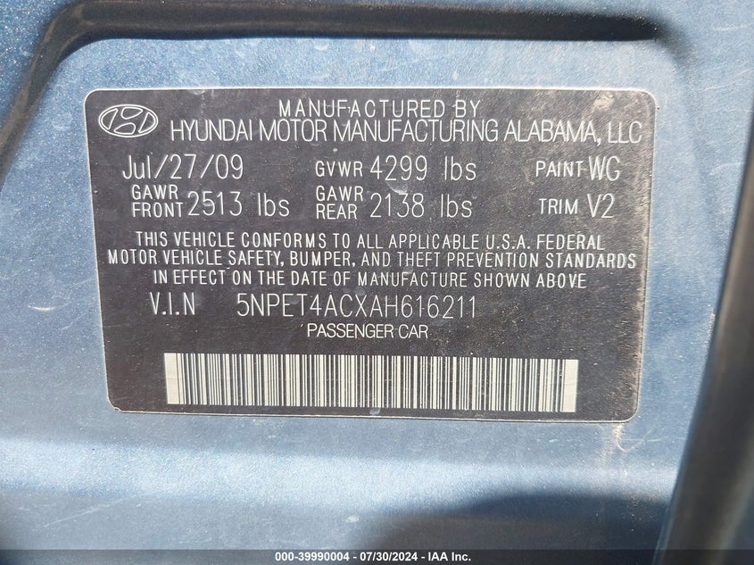 2010 Hyundai Sonata Gls VIN: 5NPET4ACXAH616211 Lot: 39990004