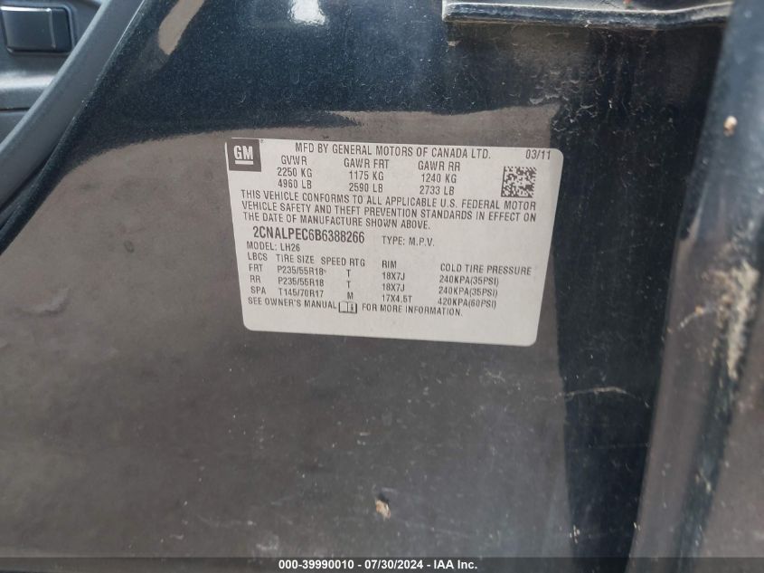 2011 Chevrolet Equinox 2Lt VIN: 2CNALPEC6B6388266 Lot: 39990010