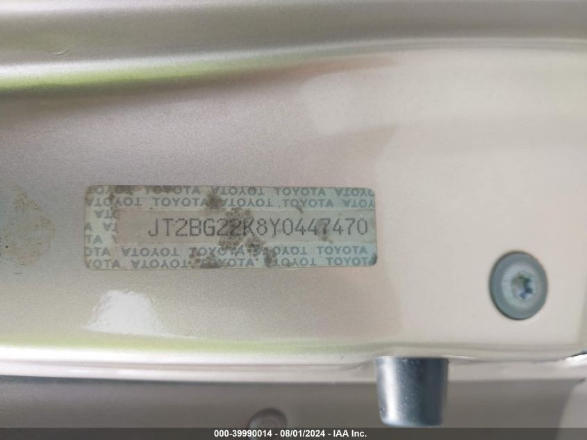 2000 Toyota Camry Ce/Le/Xle VIN: JT2BG22K8Y0447470 Lot: 39990014