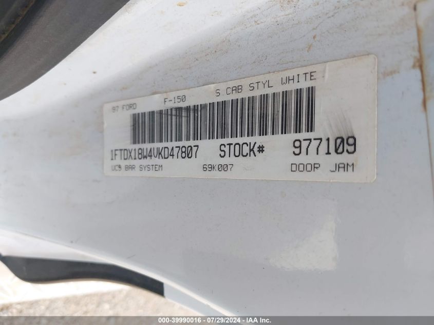 1997 Ford F-150 Lariat/Xl/Xlt VIN: 1FTDX18W4VKD47807 Lot: 39990016