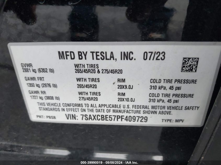 2023 Tesla Model X Dual Motor All-Wheel Drive/Standard Range VIN: 7SAXCBE57PF409729 Lot: 39990019