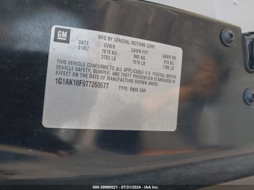 2007 Chevrolet Cobalt Ls VIN: 1G1AK18F977260677 Lot: 39990021