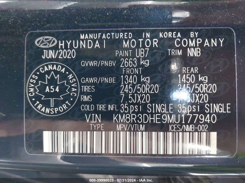 2021 Hyundai Palisade VIN: KM8R3DHE9MU177940 Lot: 39990023