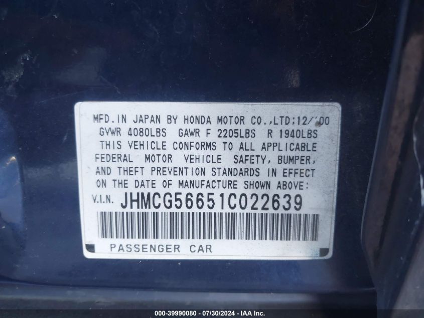 JHMCG56651C022639 2001 Honda Accord 2.3 Ex