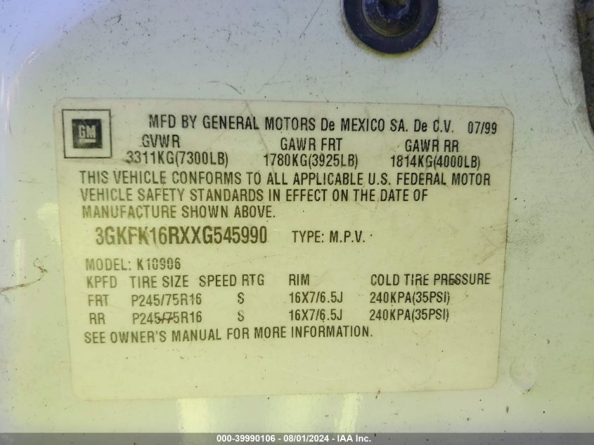 1999 GMC Suburban K1500 VIN: 3GKFK16RXXG545990 Lot: 39990106