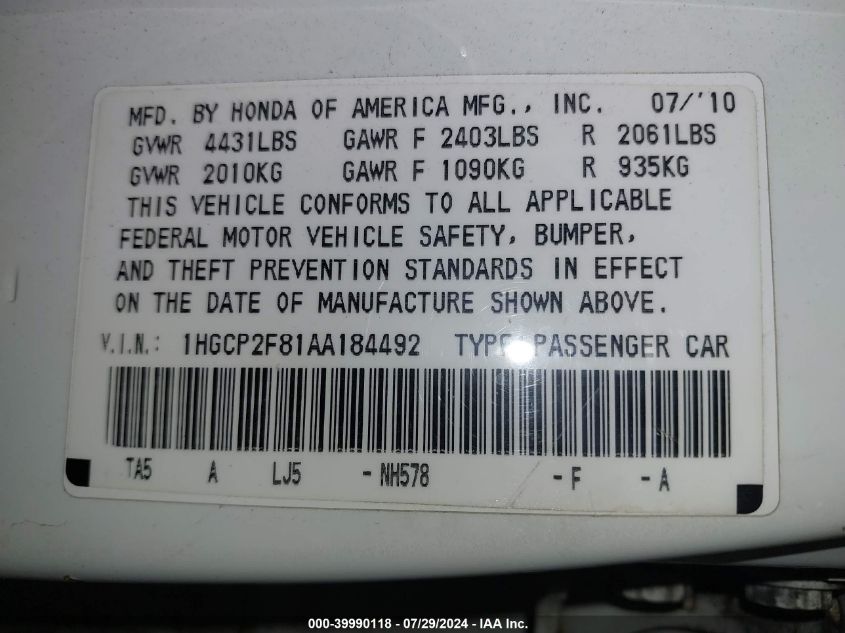 1HGCP2F81AA184492 | 2010 HONDA ACCORD SDN