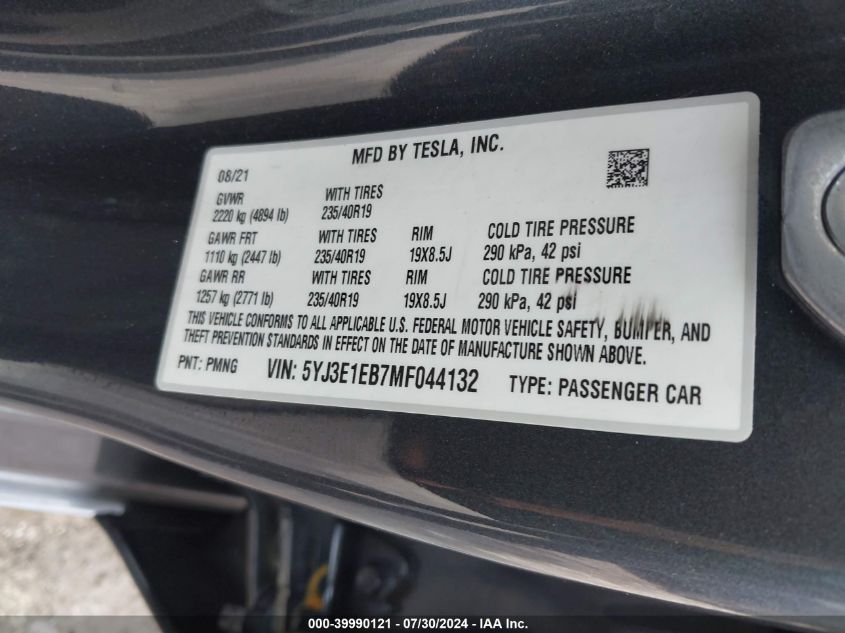 2021 Tesla Model 3 Long Range Dual Motor All-Wheel Drive VIN: 5YJ3E1EB7MF044132 Lot: 39990121