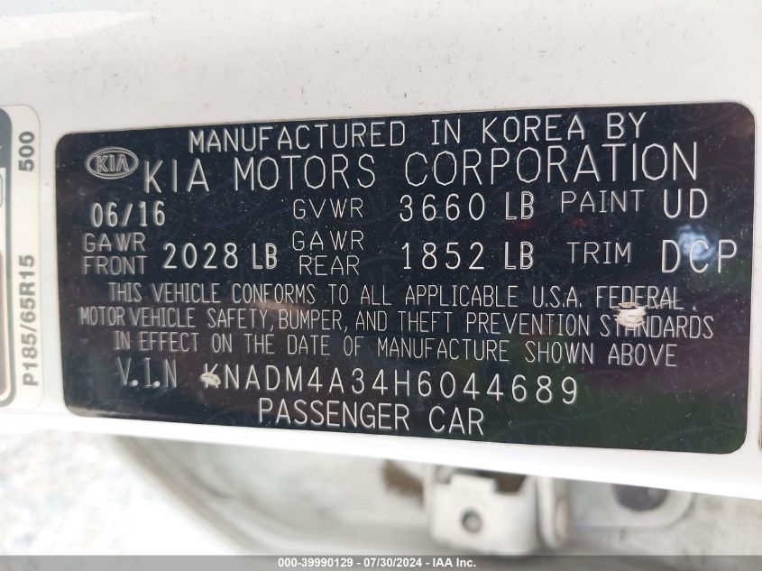 2017 Kia Rio Lx VIN: KNADM4A34H6044689 Lot: 39990129
