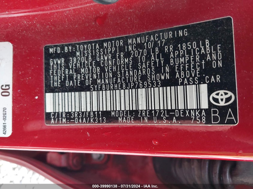 2018 TOYOTA COROLLA LE - 5YFBURHE8JP769533