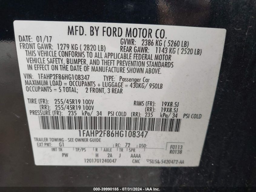 1FAHP2F86HG108347 2017 Ford Taurus Limited