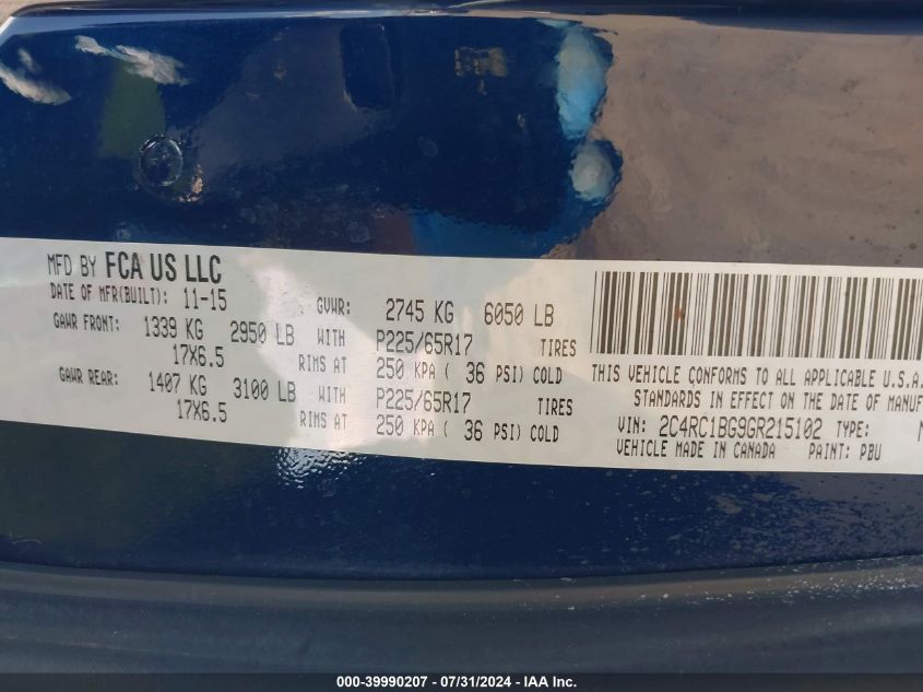 2016 Chrysler Town & Country Touring VIN: 2C4RC1BG9GR215102 Lot: 39990207