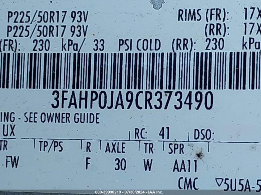 2012 Ford Fusion Sel VIN: 3FAHP0JA9CR373490 Lot: 39990219