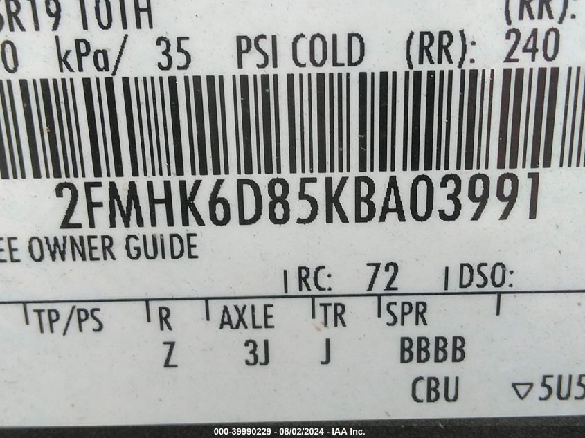 2019 Ford Flex Limited VIN: 2FMHK6D85KBA03991 Lot: 39990229