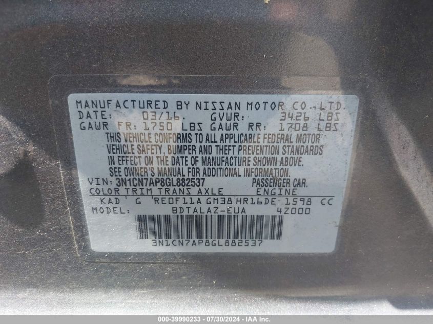 3N1CN7AP8GL882537 2016 Nissan Versa 1.6 S+