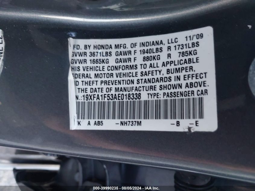 2010 Honda Civic Lx VIN: 19XFA1F53AE018338 Lot: 39990235