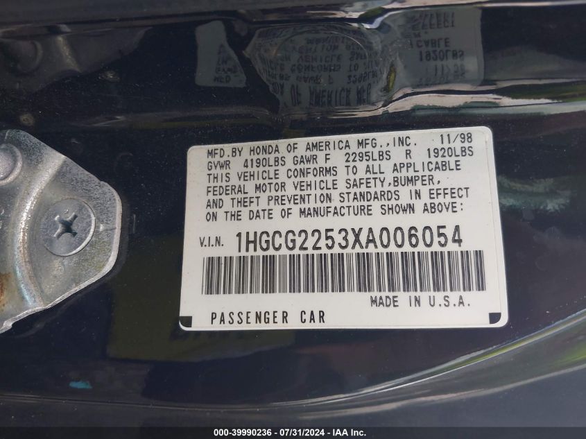 1999 Honda Accord Ex V6 VIN: 1HGCG2253XA006054 Lot: 39990236