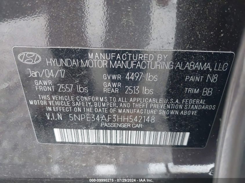 5NPE34AF3HH542148 | 2017 HYUNDAI SONATA