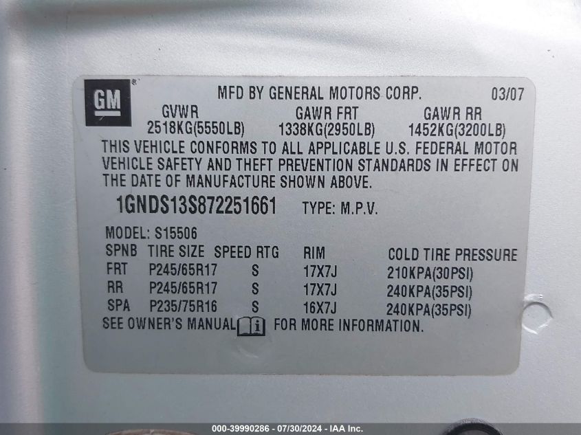 2007 Chevrolet Trailblazer Ls VIN: 1GNDS13S872251661 Lot: 39990286