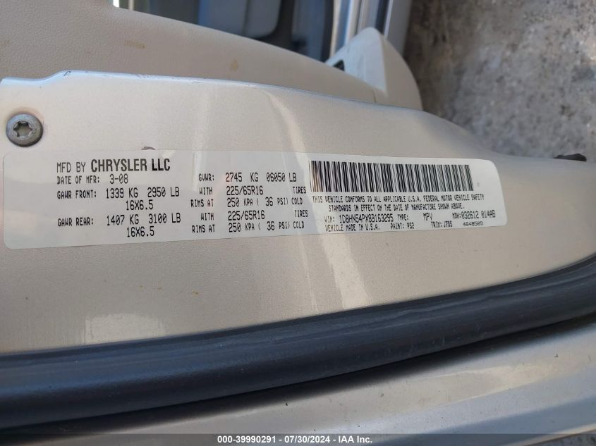 2008 Dodge Grand Caravan Sxt VIN: 1D8HN54PX8B163295 Lot: 39990291