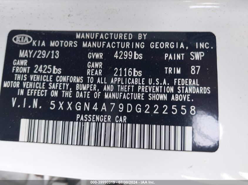 2013 Kia Optima Ex VIN: 5XXGN4A79DG222558 Lot: 39990319